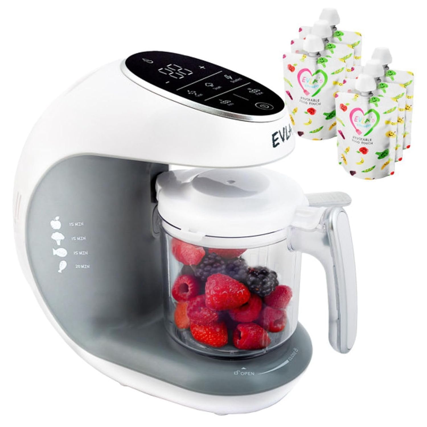 EVLA’S Baby Food Maker, Steamer, Blender, Baby Food Processor for Healthy Homemade Baby Food in Minutes, Touch Screen with 6 Reusable Food Pouches, Baby Registry Essential, White