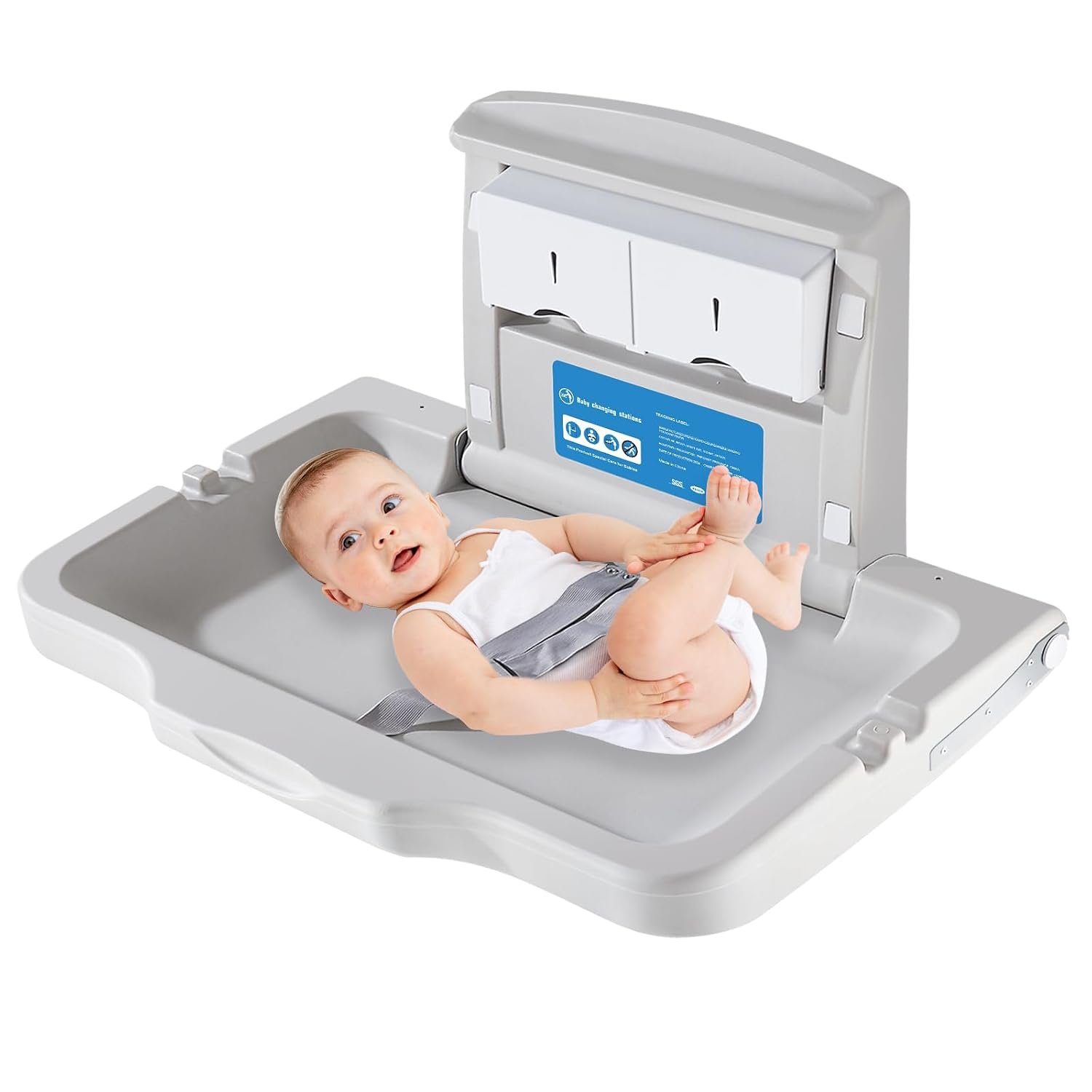 Baby Changing Station Wall Mounted, Fold Down Commercial Diaper Changing Station for Public Restroom with Safety Strap, Door Sign, HDPE, Space-Saving