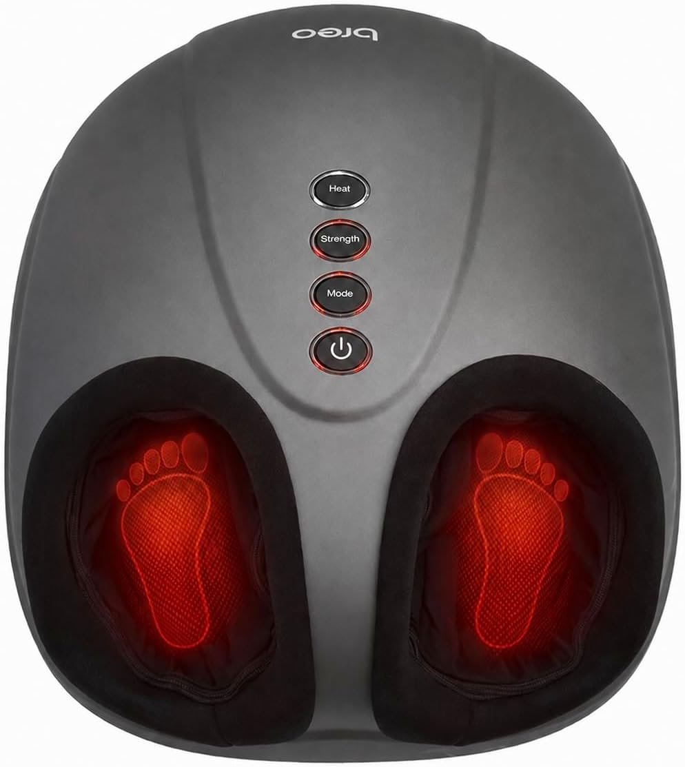 Breo Foot Massager with Heat,Three 360°Deep Kneading Air Pressure Intensities Level and Multiple Massage Modes, Plantar Fasciitis,Pain Relief,Fits Feet Up to Size 12, Gift for Family Friends,Black