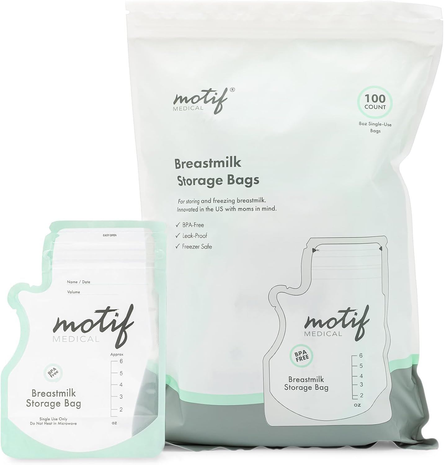 Motif Medical Breastmilk Storage Bags – Breastmilk Freezer Bags w/Easy Pour Spout, Write-On Label – Leak-Proof Double Zipper Milk Bags for Breastmilk – Breastfeeding Mom Gifts (6 oz, 100 Count)