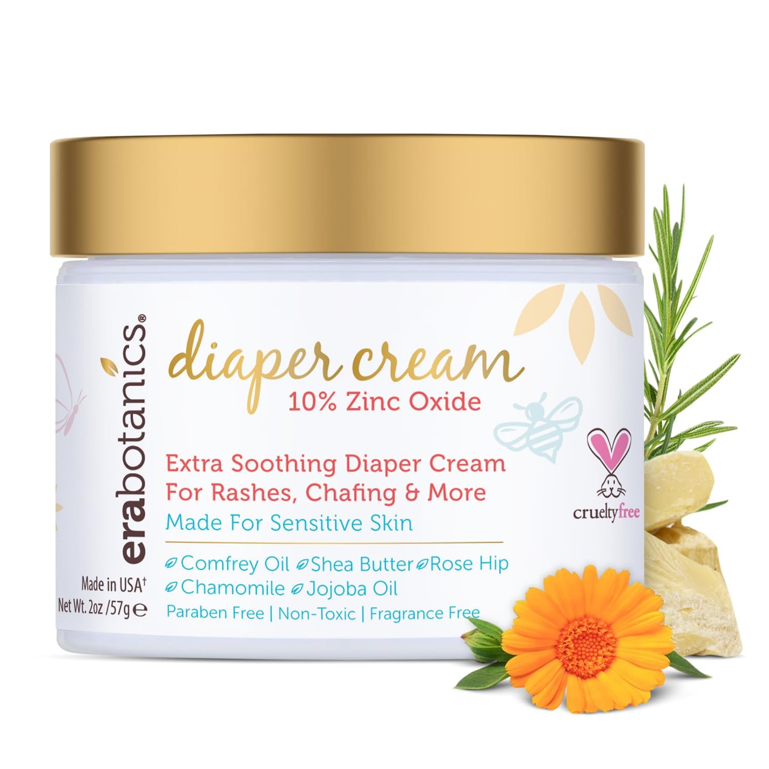 Era Organics Diaper Rash Cream For Baby – Extra Soothing and Moisturizing with Zinc Oxide, Organic Aloe Vera, Chamomile, Calendula Plus More – Gentle Butt Rash Moisturizer