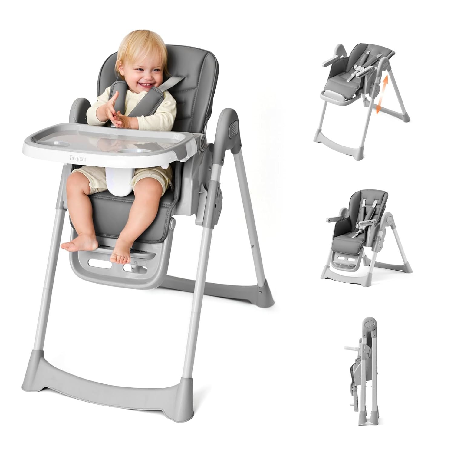 Tinyiota 4 in 1 High Chairs for Babies and Toddlers with Wheels, 8-Height Adjustable & 3-Position Recline, Easy Clean, Dishwasher Removable Tray, Foldable HighChair for Infant, Meets ASTM Safety, Grey