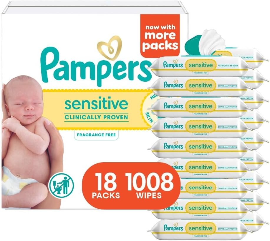 Pampers Sensitive Baby Wipes, Clinically Proven, Fragrance Free, Unscented, Water Based, Hypoallergenic, Multi-Use, Hand Wipes 1008 Wipes Total (18X Flip-Top Packs) [Packaging May Vary]