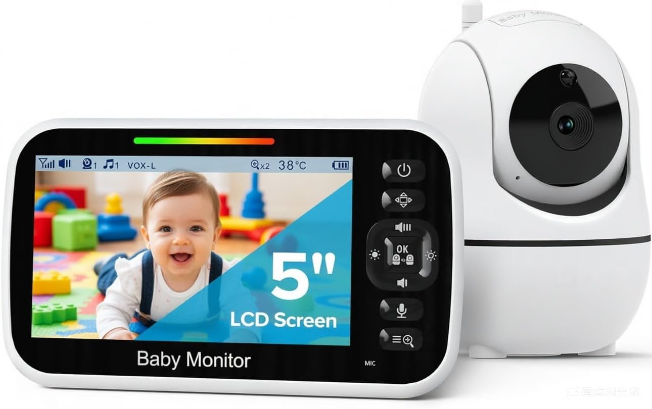 GoodBaby 5″ Baby Monitor with Camera and Audio, No WiFi Secure FHSS, 30-Hour Battery, Remote PTZ, Auto Night Vision, Room Temperature, Two-Way Audio，Lullabies，1000ft Range
