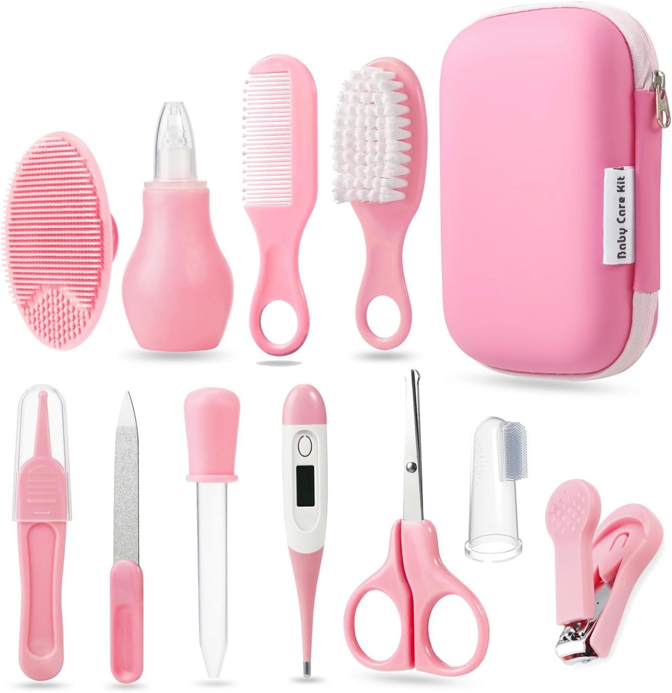 PandaEar Baby Healthcare and Grooming Kit, 12-in-1 Pink, Baby Comb, Brush, Finger Toothbrush, Nail Clippers, Scissors, Nasal Aspirator, Plastic, Pink