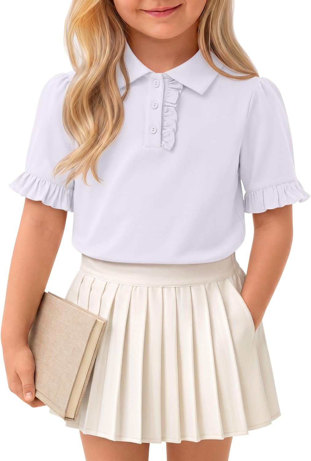 Yooo’s Vivi Toddler Girls Shirts Kids Polo Shirts Ruffle Short Sleeve School Uniform T-Shirts Baby Cute Summer Button Tops