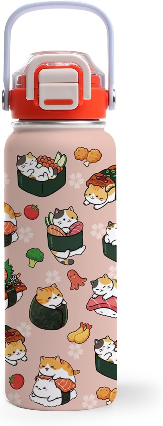 Kids Water Bottle Insulated – Cat Gifts for Kids, 18oz Insulated Stainless Steel Water Bottle with Straw & Spout 2-in-1 Lid, Leakproof BPA-Free Cat Water Bottles for Home Sports Travel