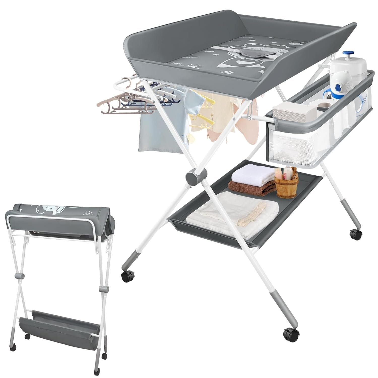 Baby Changing Table, Portable Folding Diaper Changing Station with Wheels | Adjustable Height, Nursery Organizer with Safety Belt & Storage Basket & Hanging Rack, for Newborn Baby and Infant, Gray
