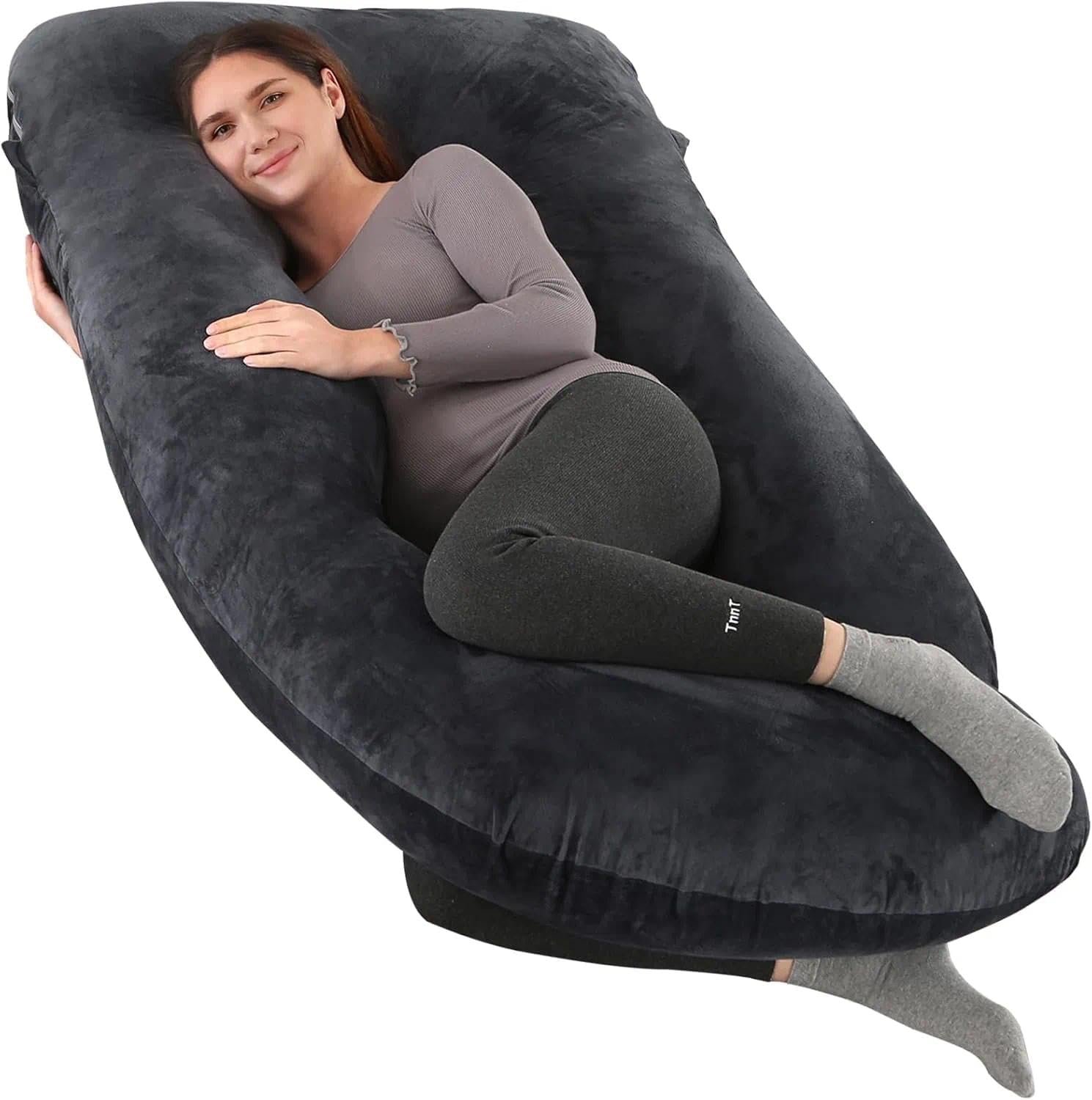 Pregnancy Pillows for Sleeping, U Shaped Full Body Maternity Pillow for Pregnant Women with Removable Bean Velvet Cover, Support for Back, HIPS, Legs, Belly, 57 Inch, Black