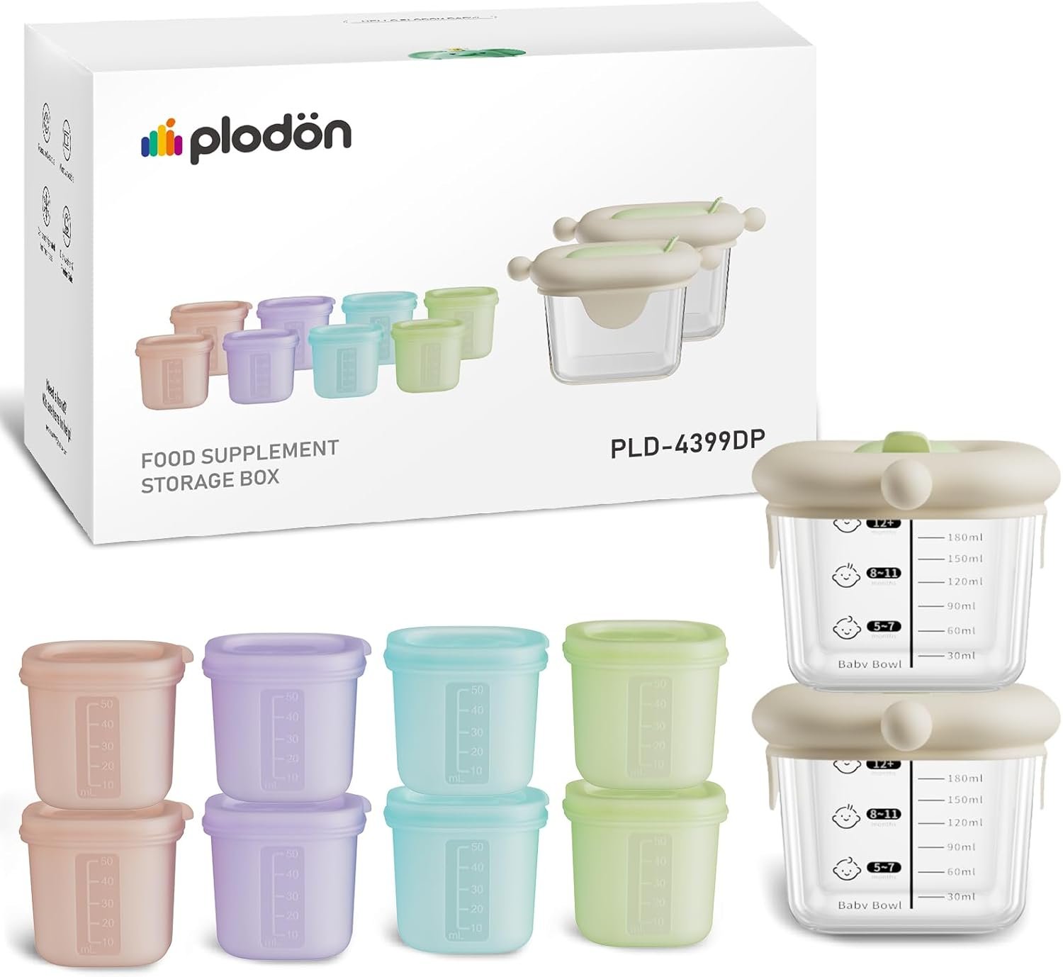 7oz Borosilicate Glass Baby Food Storage Jars with Silicone Lid Set (2 PCS), 1.7oz Airtight Silicone Cups (8 PCS) Baby Food Containers, Microwave Dishwasher Freezer Safe (Infant and Babies)