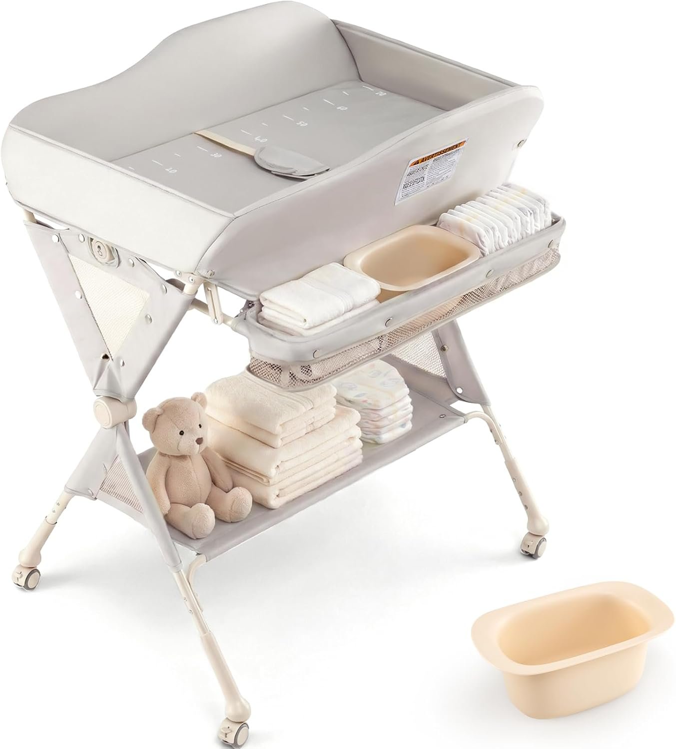 INFANS Baby Changing Table with Wheels, Portable Folding Diaper Station Nursery Organizer with Storage Basket, Hanging Rack, Adjustable Height, Safety Belt for Newborn Infant (Light Gray)