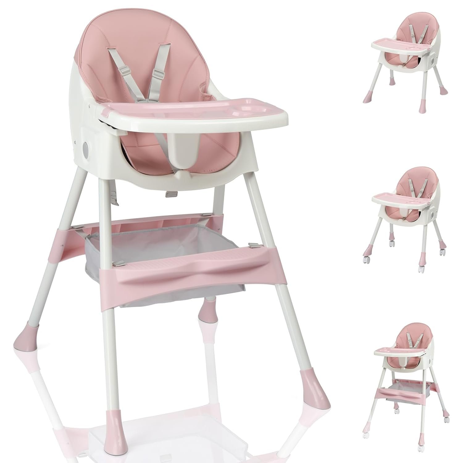 Ktaxon Foldable Baby High Chair, 2-in-1 Portable Convertible Highchair with 5-Point Safety Harness, Easy to Clean Tray and Storage Bag for Toddlers & Babies, Pink