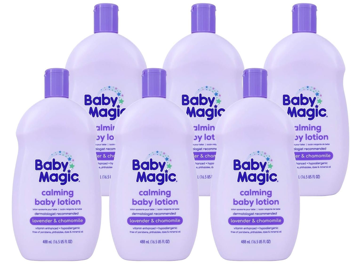 Baby Magic Calming Lotion, Lavender & Chamomile, Helps Comfort & Relax Before Bedtime, Vitamin Enhanced, Dermatologist Recommended, Hypoallergenic, Free of Parabens, 16.5 Fl Oz (6 Pack)