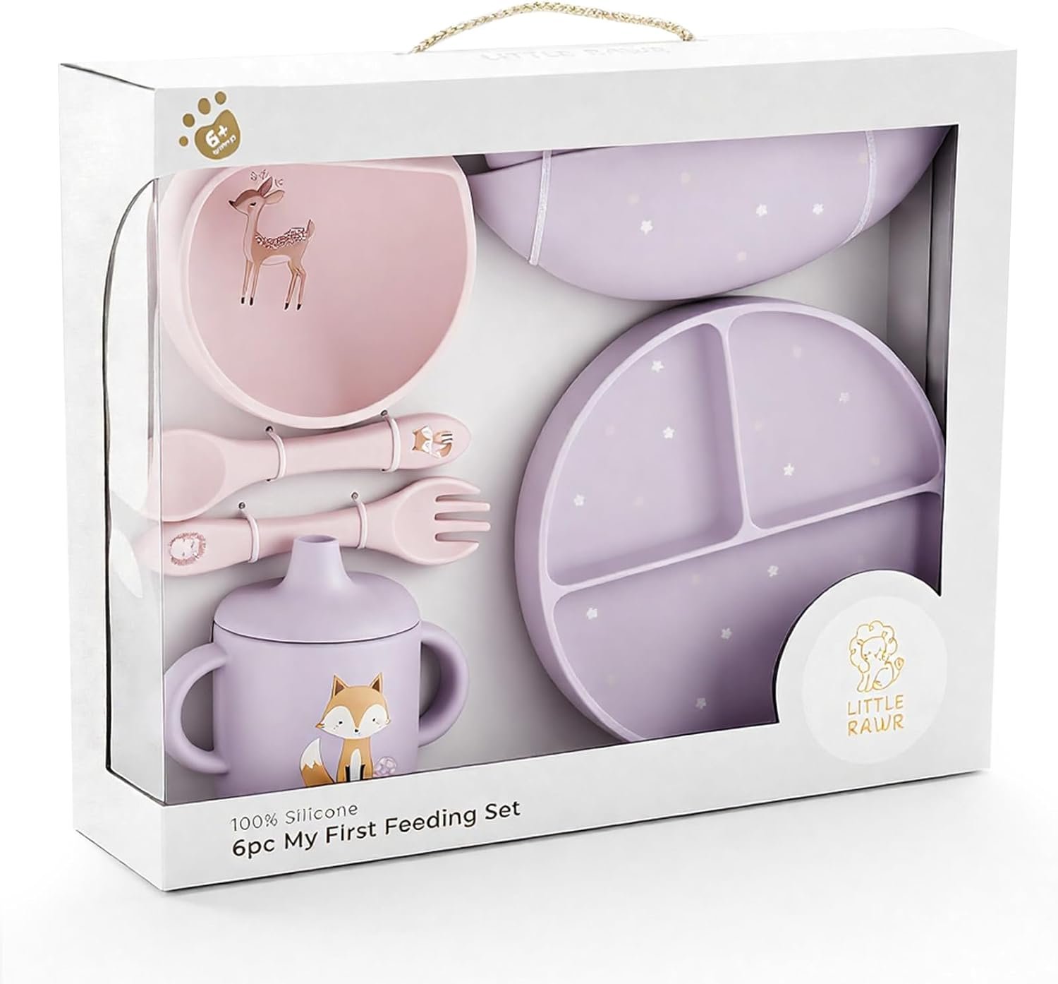 Little Rawr Baby Led Weaning Bundle, 100% Silicone Baby Feeding Set Includes Divided Plate, Suction Bowl, Straw Cup, Bib, Spoon & Fork, Develops Self Feeding Skills, Dishwasher Safe (Purple)