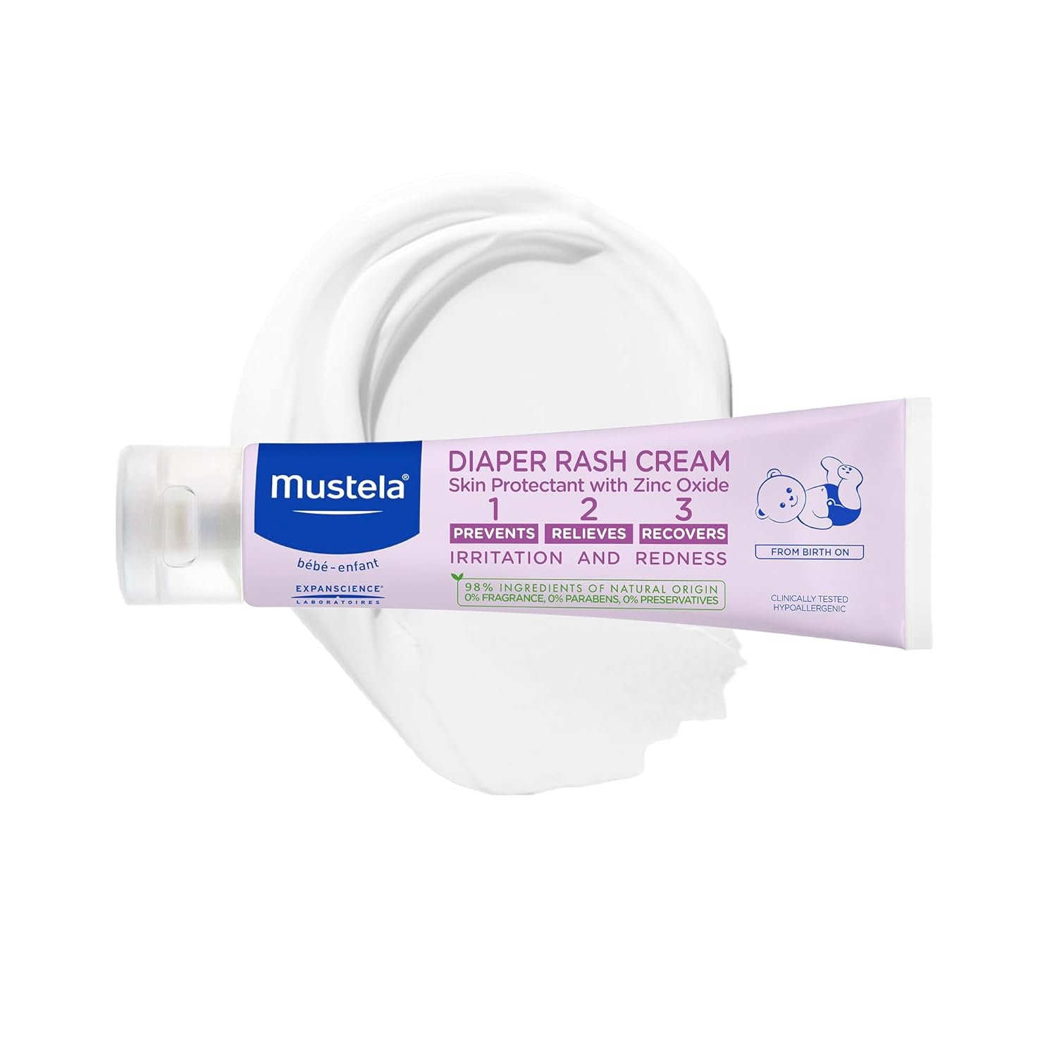 Mustela Baby Diaper Rash Cream 123 – Skin Protectant with Zinc Oxide – Fragrance Free & Paraben Free – with 98% Natural Ingredients – Various Packaging