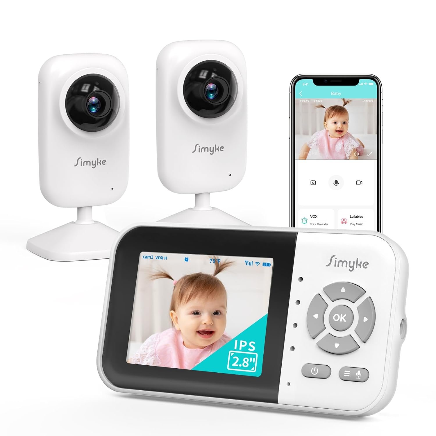 Simyke Upgrade Video Baby Monitor with 2 Cameras and Audio 2.8″ Screen,Night Vision,APP,Wireless,2-Way Talk,1200ft Long Range,Feeding Timer,Temperature Sensor,VOX/ECO,5 Lullabies,Portable,Easy Setup