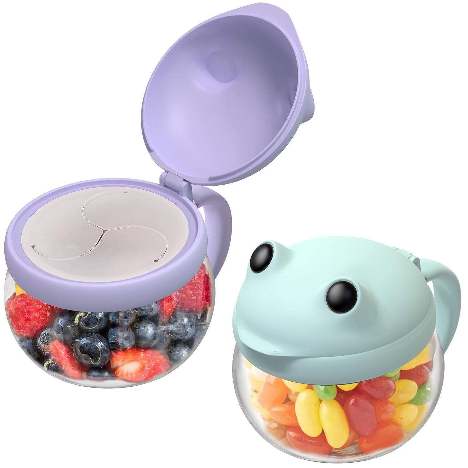 BeneLabel 2 Pack 12.3 Oz Snack Cups for Toddlers Spill Proof Food Grade Tritan Baby Snack Container with Cute Frog Lid and Handle PVC Free Kids Snack Catcher Fit for On-the-Go (Green & Purple)