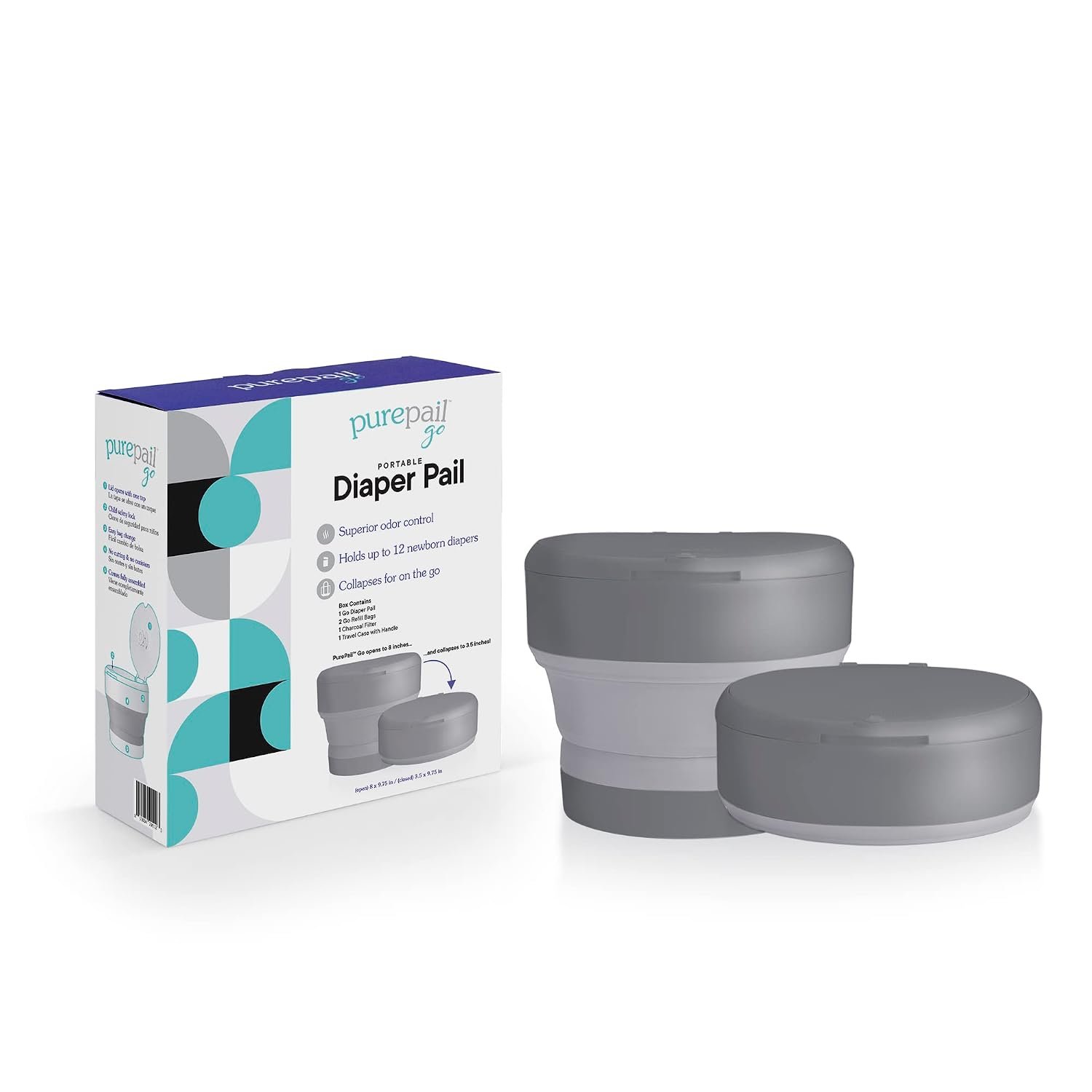 Go Portable Diaper Pail — Gray — Superior Odor Control with No Added Fragrance — Collapses for On-The-Go — Compact & Space-Saving
