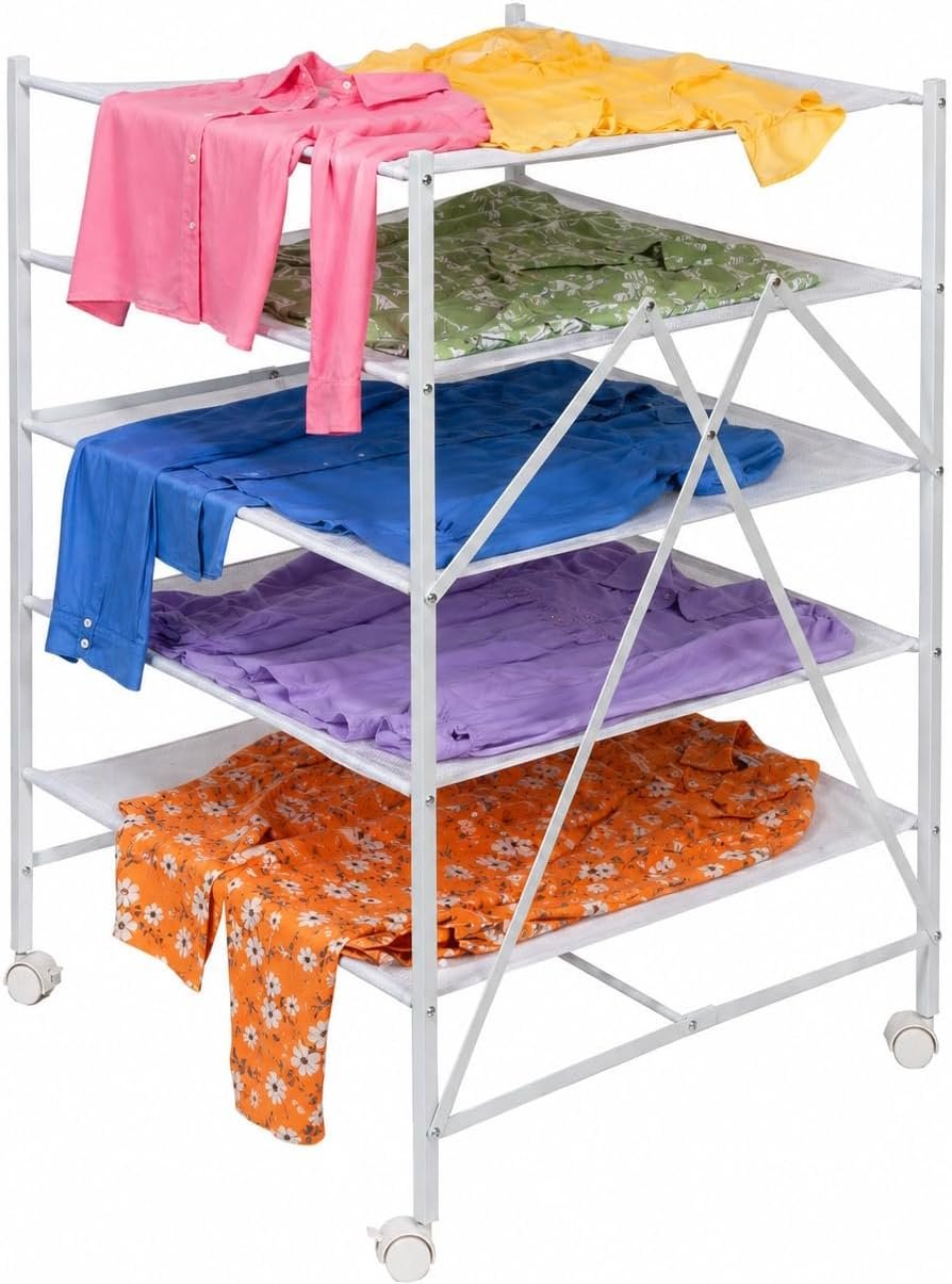 Honey-Can-Do 5-Tier Mesh Laundry Drying Rack with Wheels, Soft Nylon Flat Drying for Sweaters Delicates, Foldable Rolling Clothes Rack, 43 Linear Feet, Holds 30 lbs, White