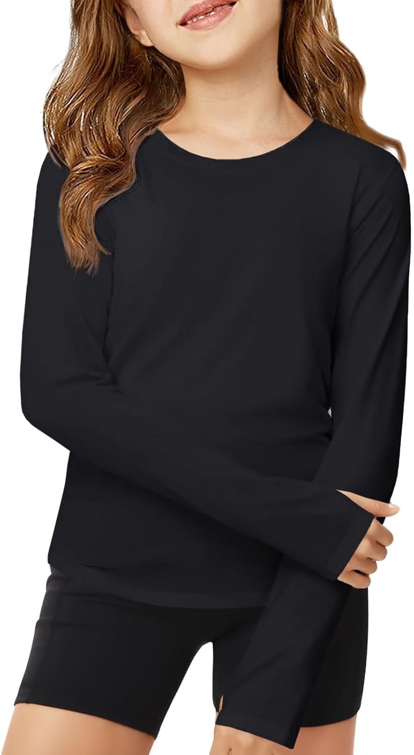 ZDC Girls Long Sleeve Athletic Shirts Kids Crewneck Quick Dry Workout Yoga Tops Basic Tees Activewear