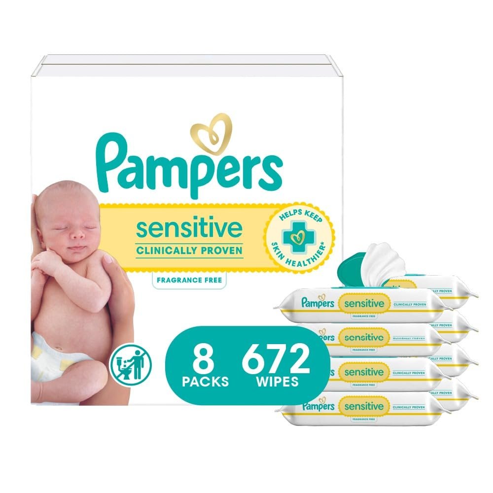 Pampers Sensitive Baby Wipes, Clinically Proven, Fragrance Free, Unscented, Water Based, Hypoallergenic, Multi-Use, Hand Wipes 672 Wipes Total (12X Flip-Top Packs) [Packaging May Vary]