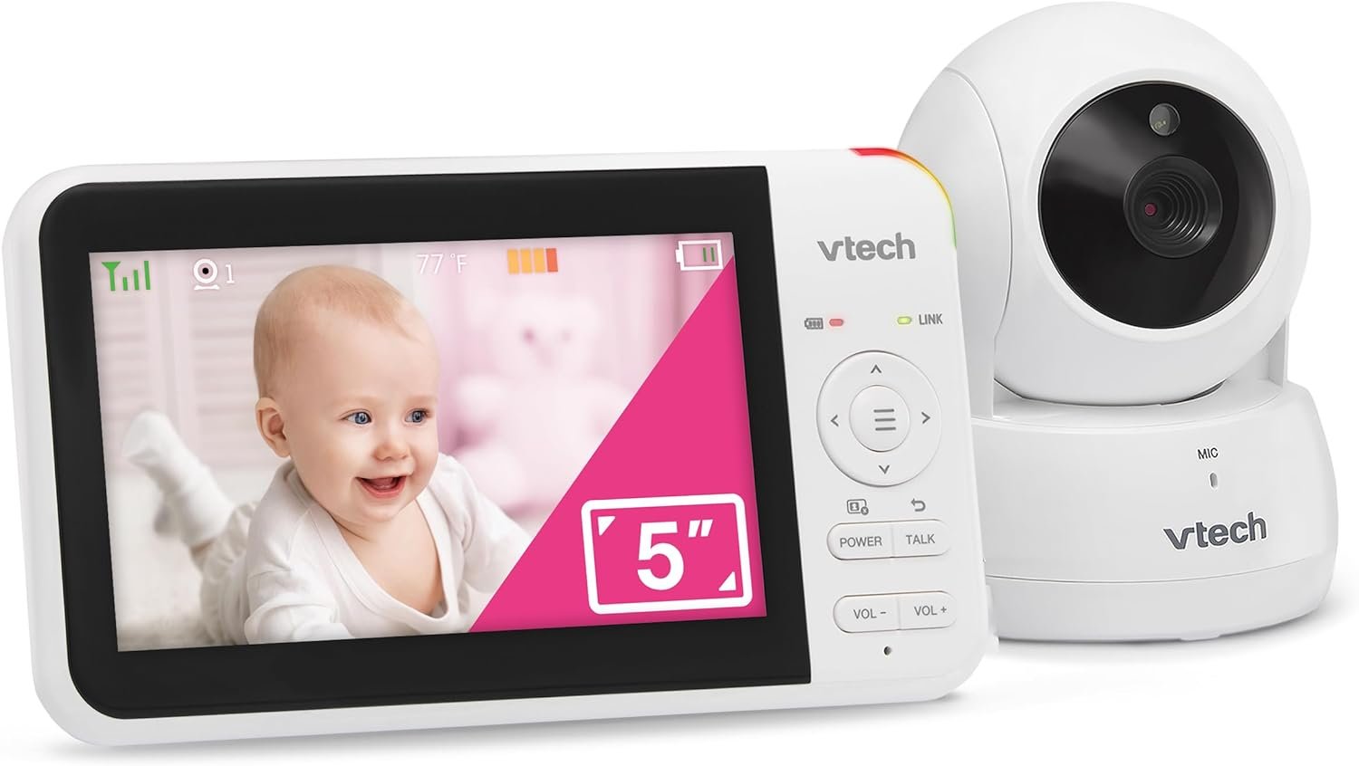 VTech Baby Monitor No WiFi, 5″ Screen & Remote Pan-Tilt-Zoom for Newborns – Hack-Proof, 17Hr Battery, 1000ft Range, Auto Night Vision, Temperature Sensor, Two-Way Talk | VM924