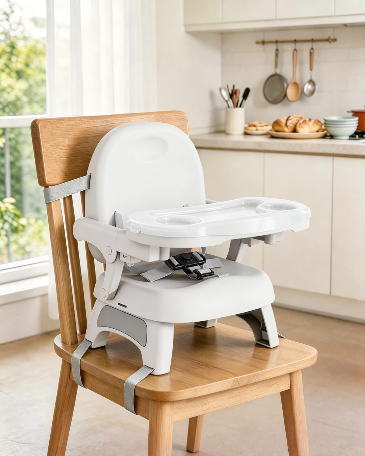 Booster Seat for Kitchen Chair, 3-in-1 Foldable & Portable Booster Seat with Tray, Extra Dishwasher-Safe Tray, Safety Straps for 6–18M (Up to 30 lbs), for Dining Table, Travel & Camping, Gray