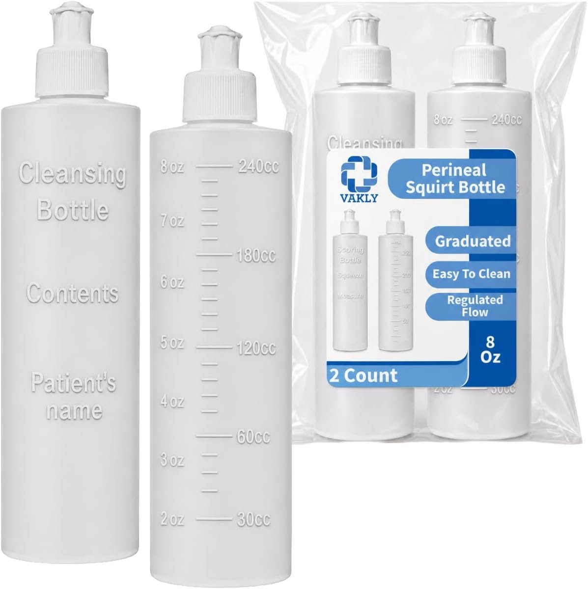 Vakly Perineal Bottle 8 Ounce (2 Pack) – Postpartum Squirt Bottle with Graduated Markings, Refillable Lavette for Personal Hygiene and Bidet Use