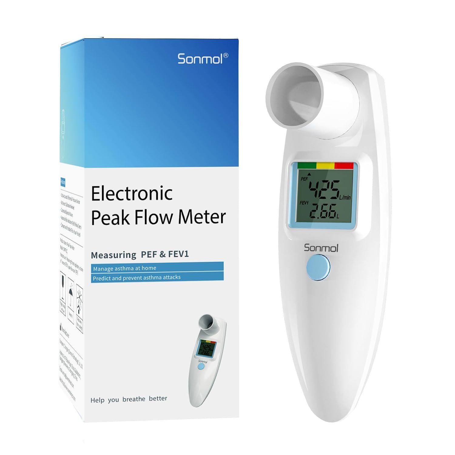 Sonmol Digital Peak Flow Meter PEF FEV1 Tester with Color Indicators | Digital-Grade Precision • Color Indicators • App & Manual Tracking
