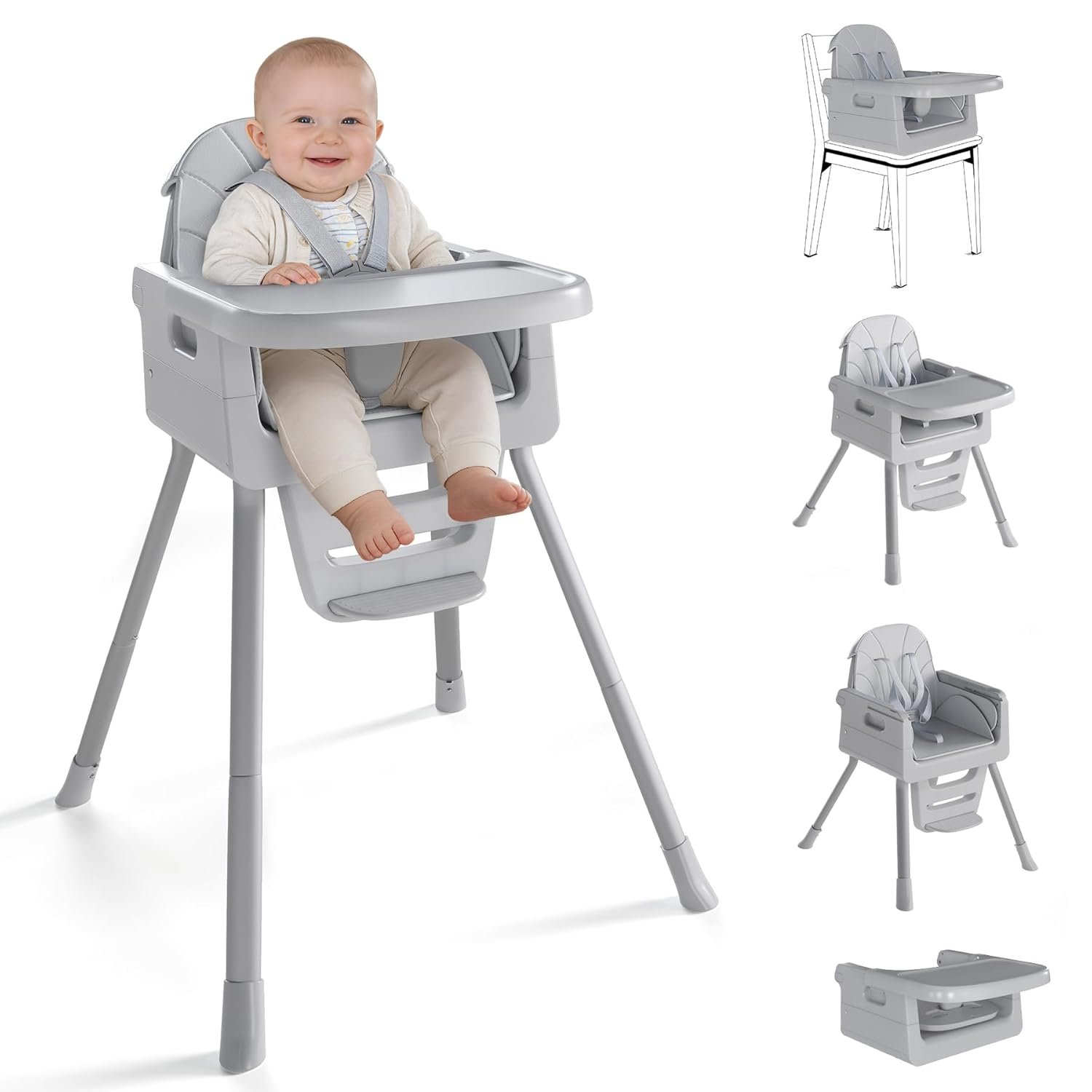 Baby High Chair for 6 Months+, Foldable High Chairs for Babies and Toddlers, Convertible High Chair, Adjustable Tray & Footrest, Portable High Chair & Easy to Clean(Gray)