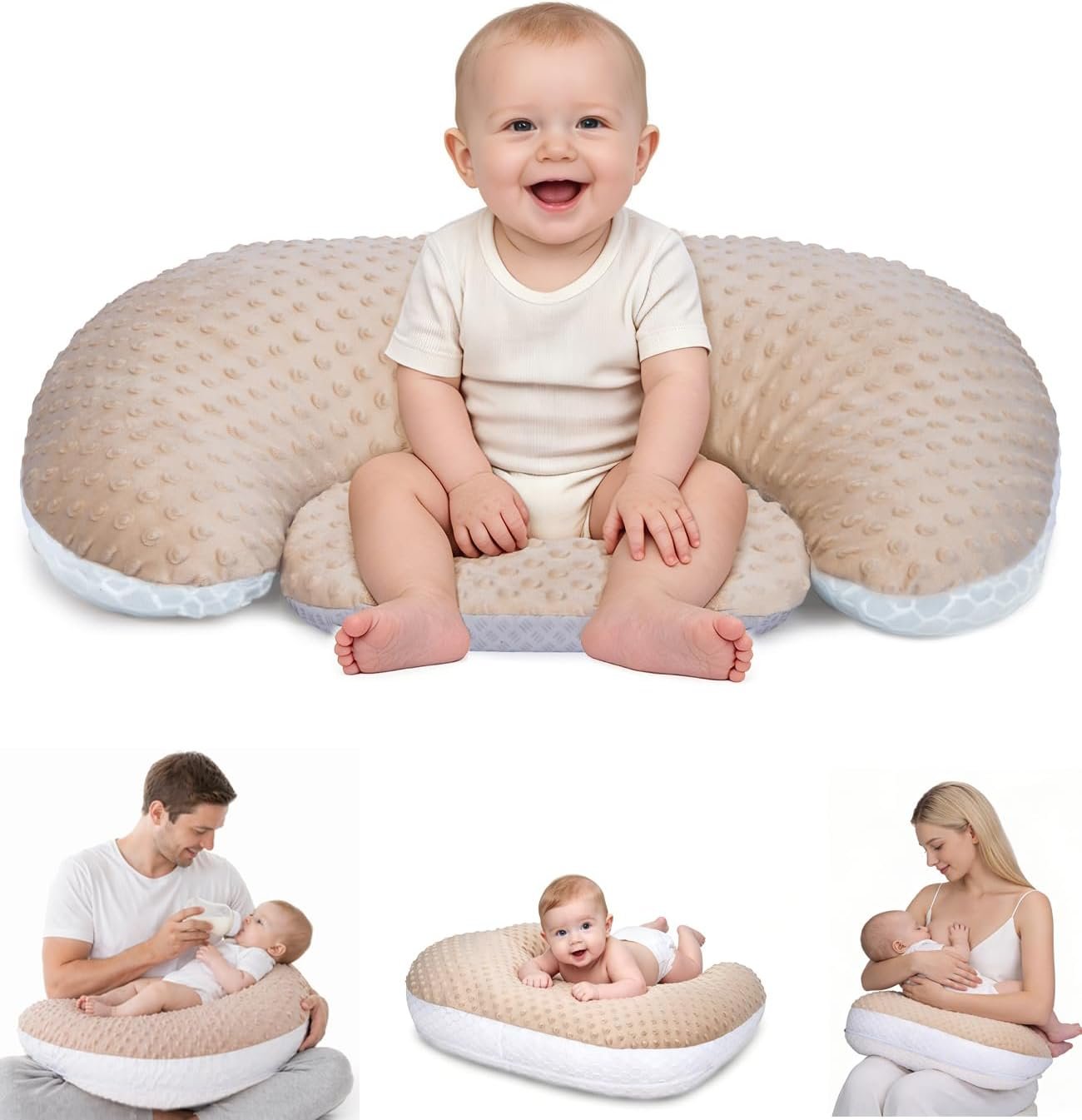 Multifunctional Nursing Pillow, Wider Breastfeeding Pillow with Minky Dot & Breathable Mesh, Anti-Slip Base for Tummy Time & Baby Sitting Support, Removable Soft Cover, Large Opening for Most Body