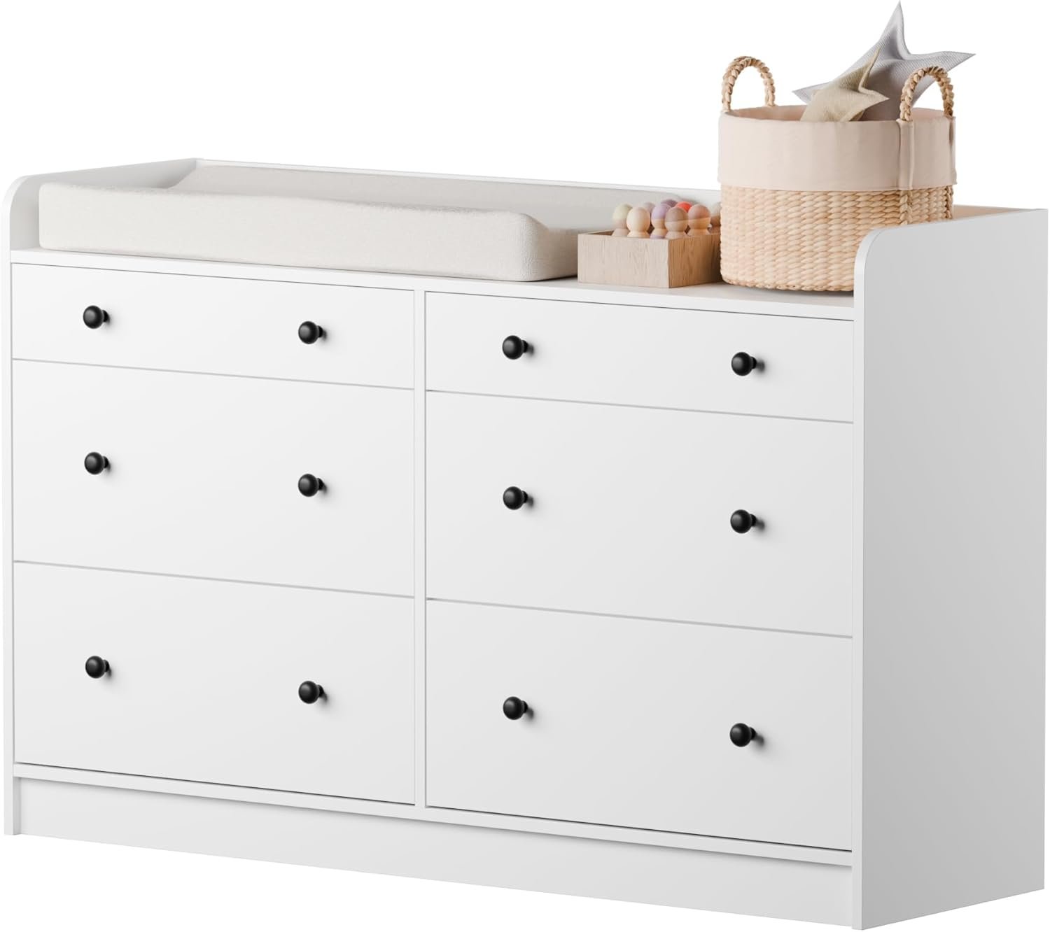 Cozy Castle Baby Dresser with 6 Drawers and Large Table Top, Multi-Functional Chest of Drawer, Drawer Dresser with Three-Sided High Rails for Nursery, Children’s Room, Bedroom, White