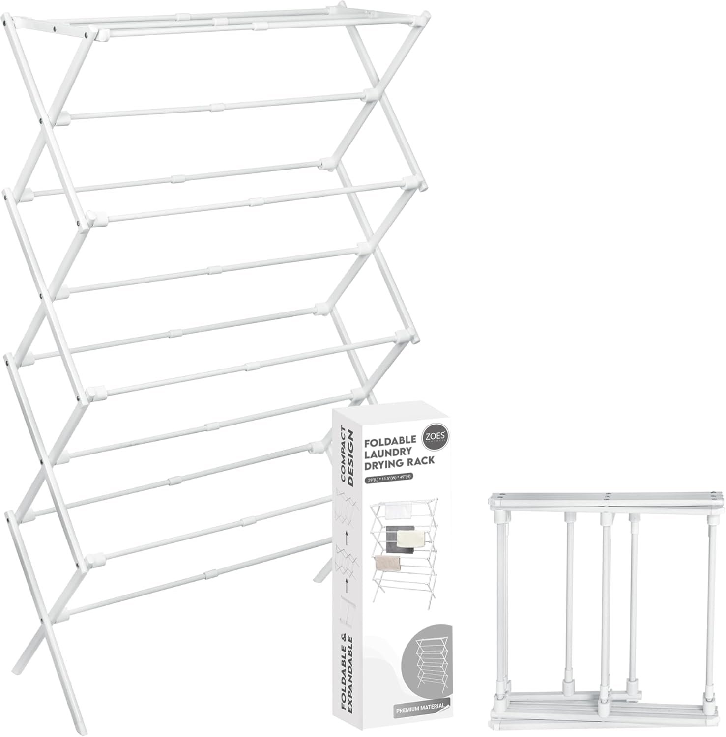 ZOES HOMEWARE 4-Tier Clothes Drying Rack, 4ft High Foldable Drying Rack Clothing for Indoor & Outdoor, Portable Collapsible Laundry Dryer for Laundry Room and Apartment, White 29″ L x 49″ H x 11.5″ W