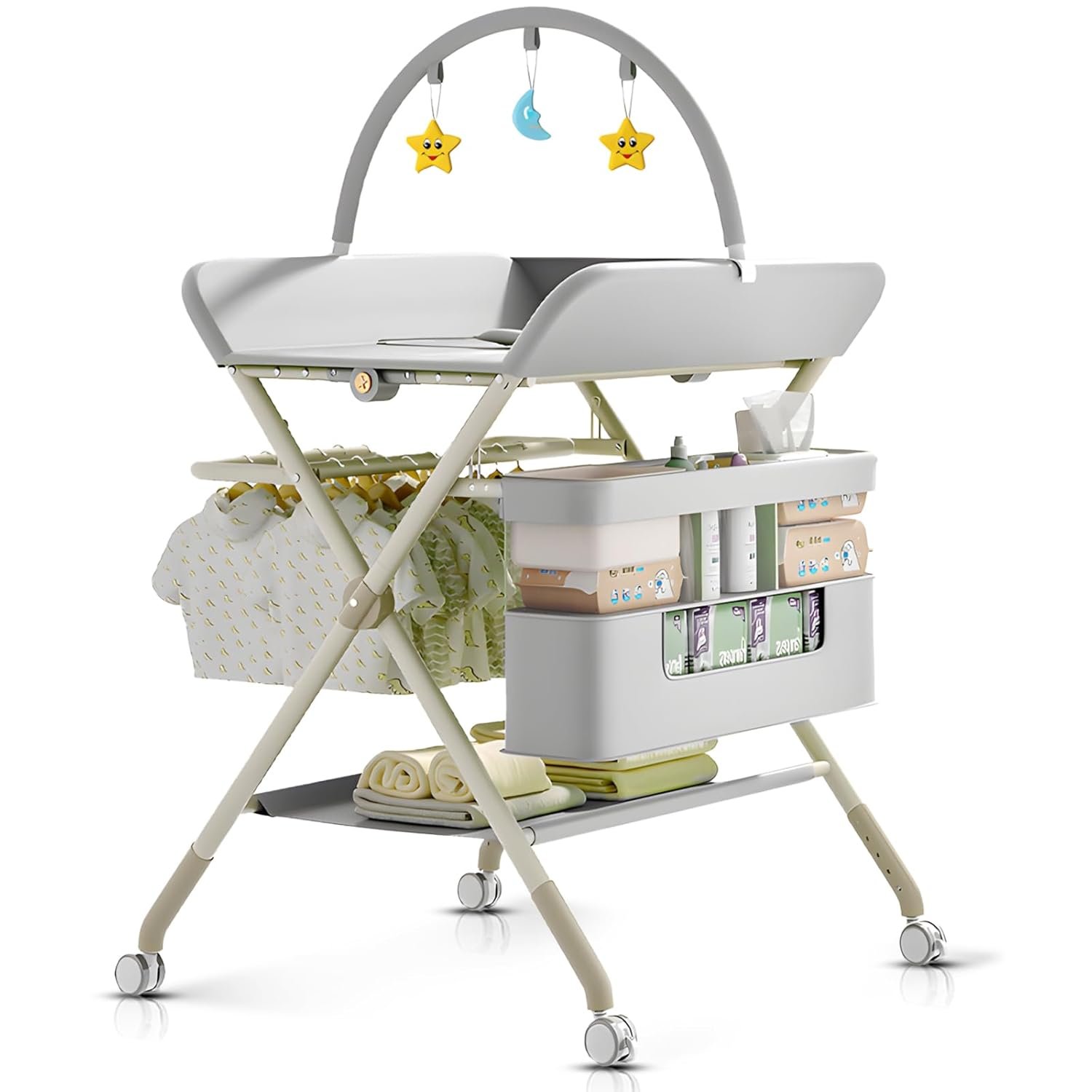 Changing Table, Portable Baby Changing Table with Wheels, Upgraded Foldable Diaper Changing Station with 5-Level Adjustable Height & Large Nursery Organizer Storage for Newborn Infant