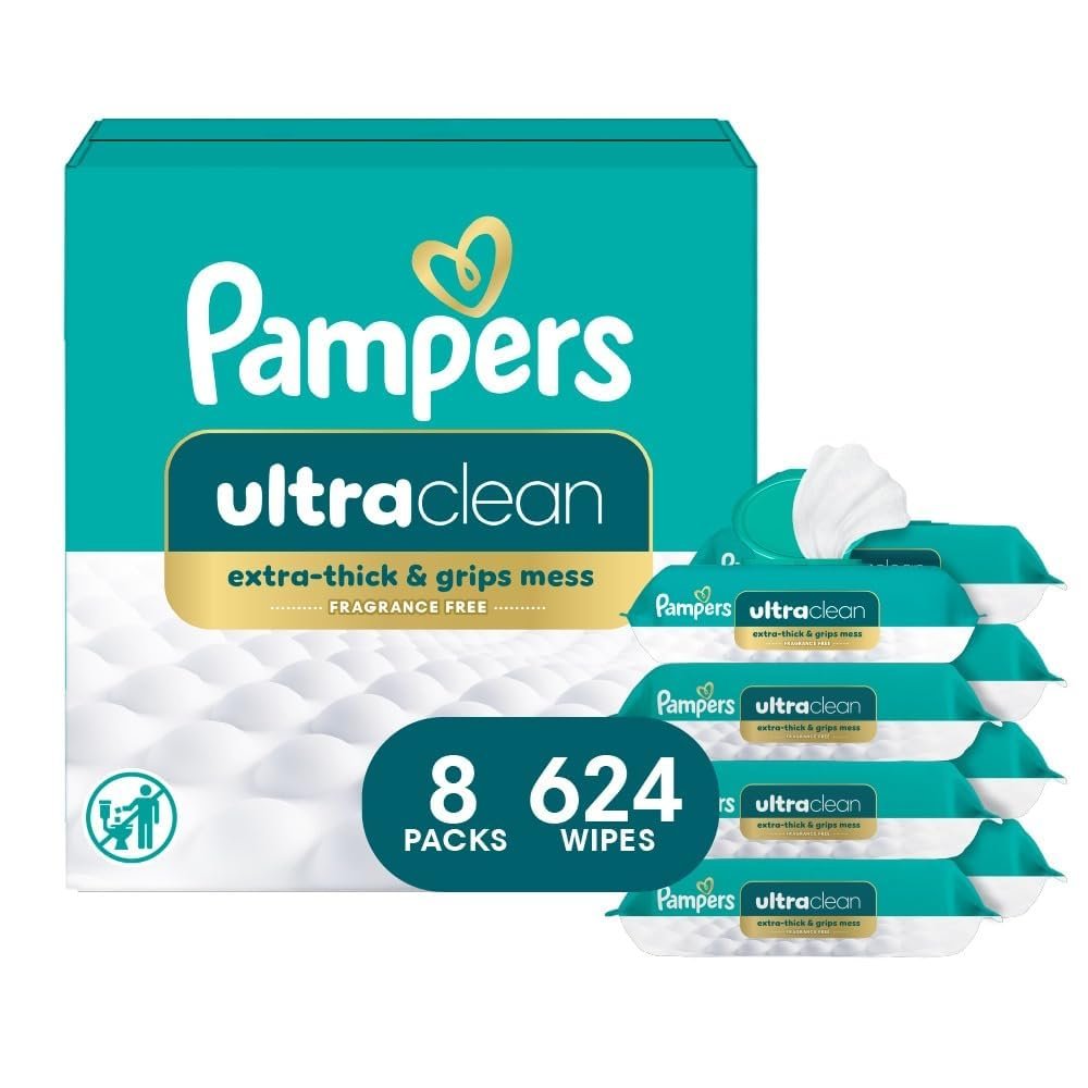 Pampers Ultraclean Baby Wipes (Previously ‘Free & Gentle’), 99% Water, Hypoallergenic, Unscented, 100% Plant Based, Plastic-Free, 624 Wipes Total (8X Flip-Top Packs)