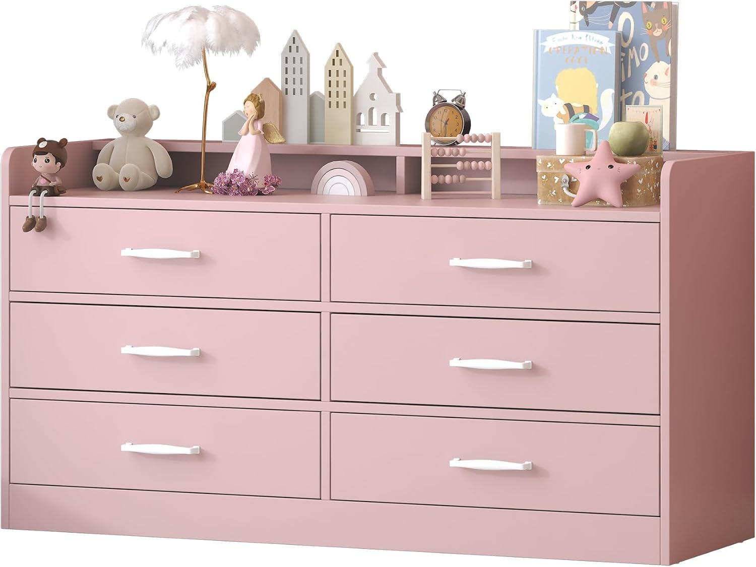 Bigbiglife Kids Dresser with 6 Deep Drawers, Nursery Dresser with Tabletop Rail, Baby Dresser for Bedroom, Wooden Storage Cabinet with Metal Handles for Toys/Clothes/Books, 15.8″D x 47.2″W x 25.2″H
