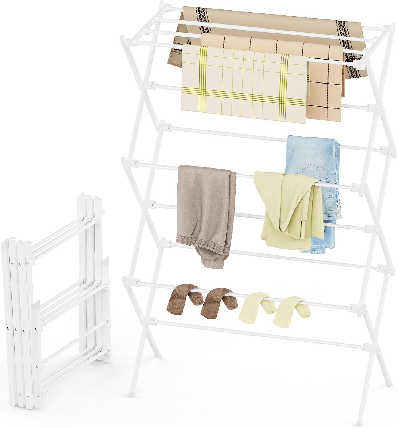 Drying Rack Clothing, 3-Tier Clothes Drying Rack Foldable, Antirust Laundry Drying Rack Collapsible Use for Indoor & Outdoor, 11.8″ D x 34.6″ W x 35.4″ H, White