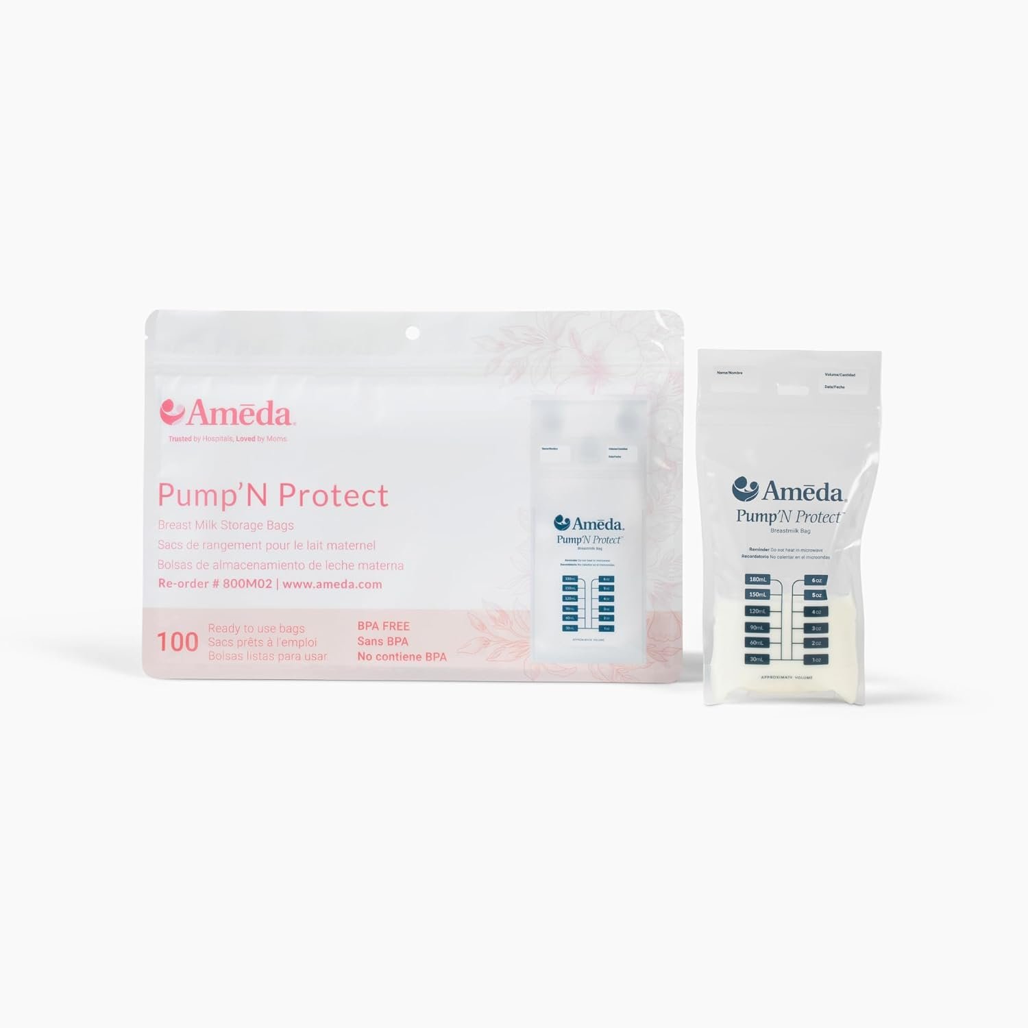 Ameda Pump’N Protect Breastmilk Storage Bag 6oz, 100pc, Baby Essentials, Breastfeeding Supplies, Resealable Breast Milk Storage Bags for Refrigerator or Freezer, BPA Free