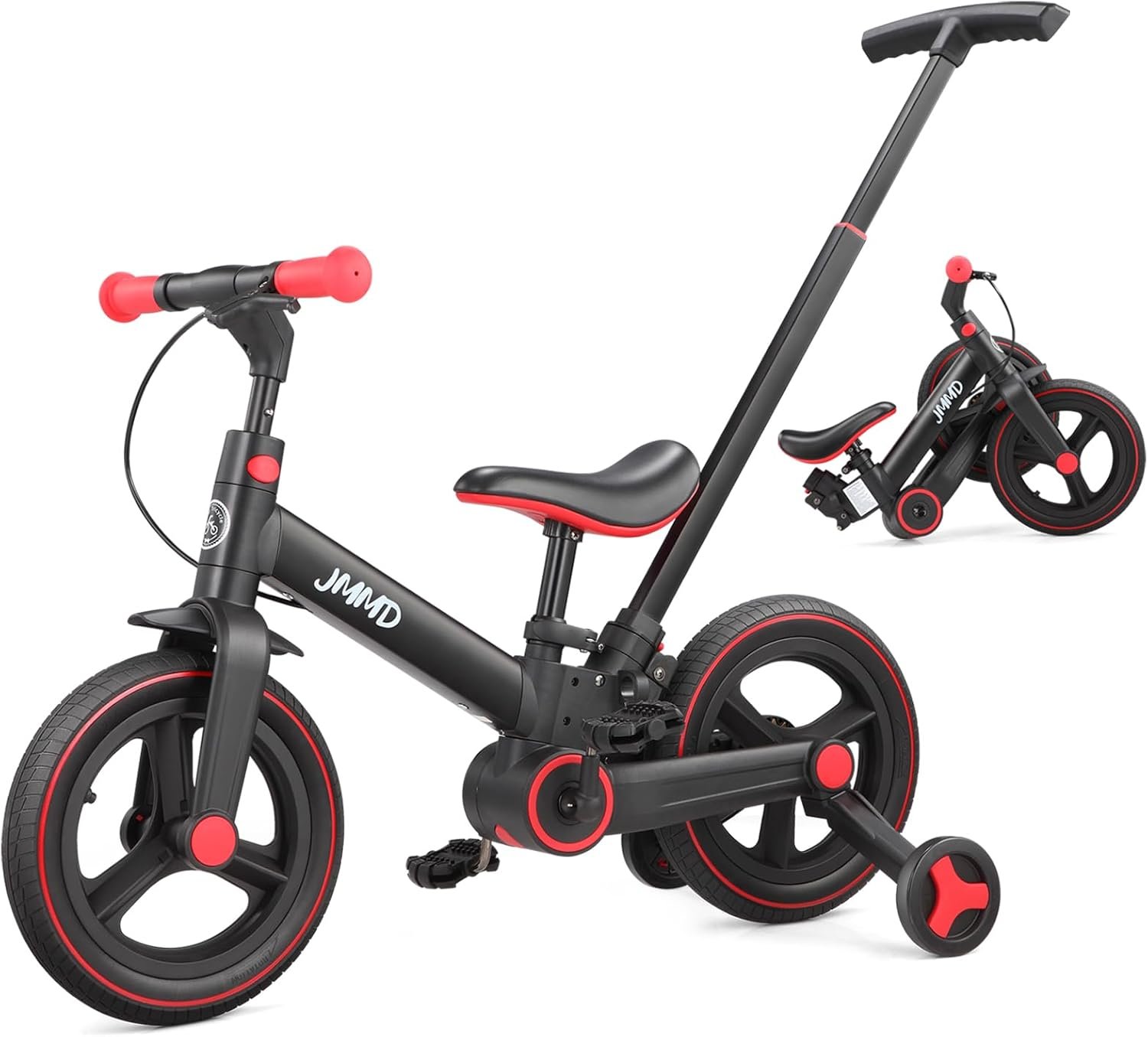 JMMD 6 in 1 Toddler Bike with Push Handle for Kids 18-60 Months, 12″ Foldable Balance Bike with Training Wheels, Pedals, Brakes, Kickstand, Push Tricycle Toddler Gift & Toys for Boy & Girl