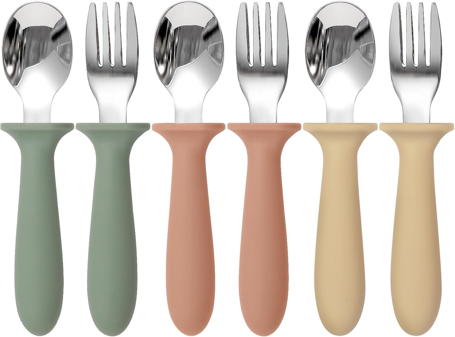 Eascrozn 6 Pack Toddler Utensils, kids Silverware with Silicone Handle, 18/8 Stainless Steel Children Safe Spoons and Forks Set Baby Feeding Essentials, Dishwasher Safe