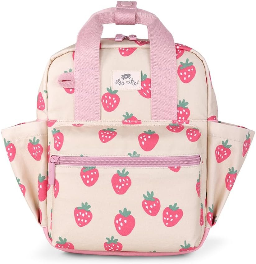 Itzy Ritzy Toddler Backpack – Daycare Bag – Features Adjustable Shoulder Straps, 2 Side Pockets & Spacious Interior with Wipeable Fabric Lining & Name Label, Strawberry Backpack