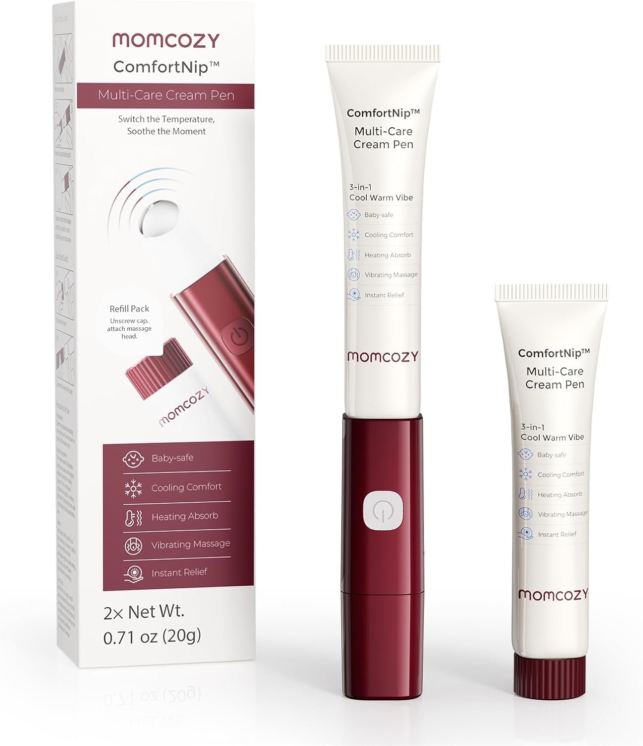 Momcozy ComfortNip™ 3-in-1 Multi-Care Cream Pen Kit, Heat/Cool/Vibe Breastfeeding Pen + Nipple Cream Refills Combo, Rechargeable Touch-Free 316 Steel Head for Nipple Pain Relief & Clogged Ducts