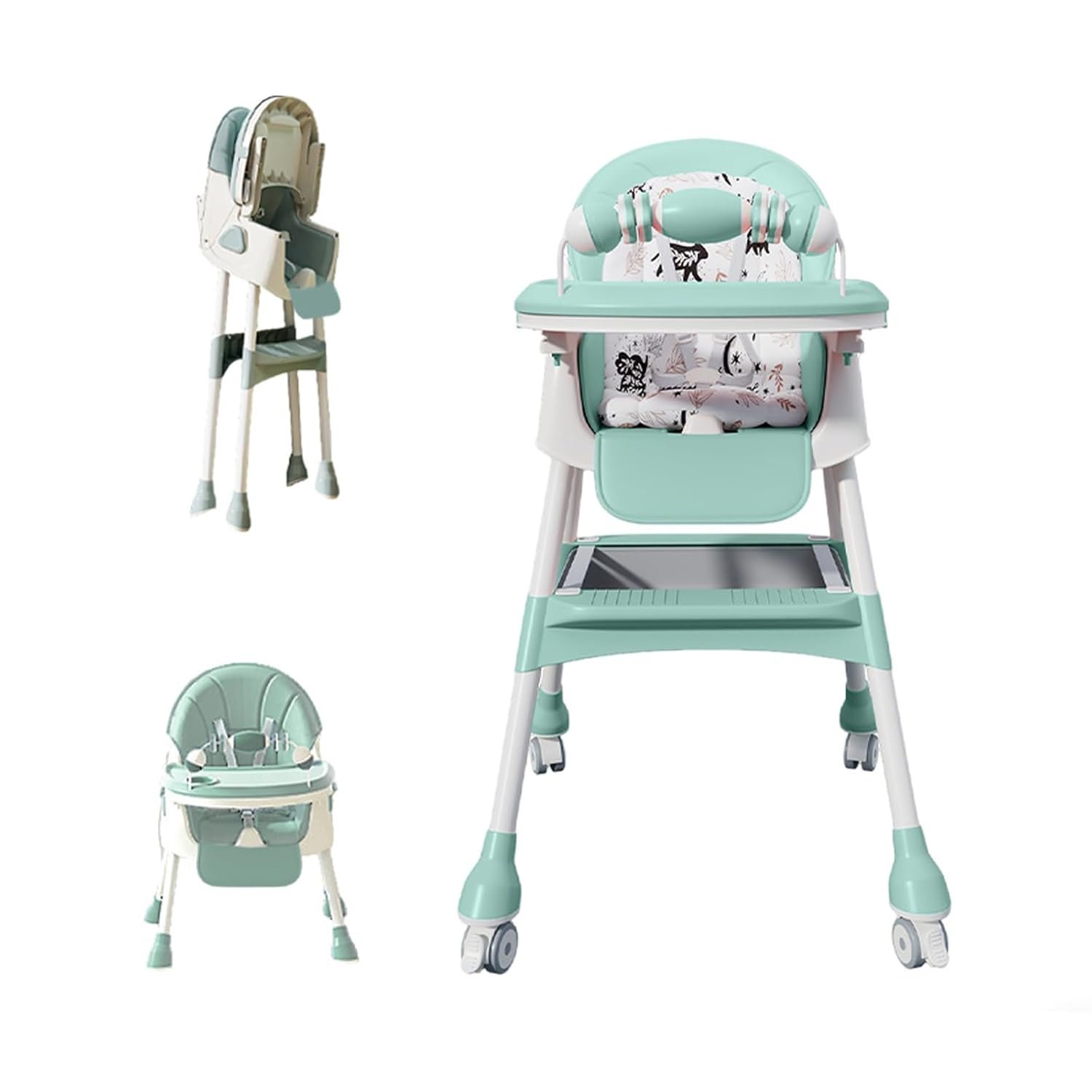 4-in-1 Baby High Chair for Babies & Toddlers, Foldable High Chair with Detachable PU Cushion, Removable Tray, Adjustable Height, Locking Wheels, Mint Green