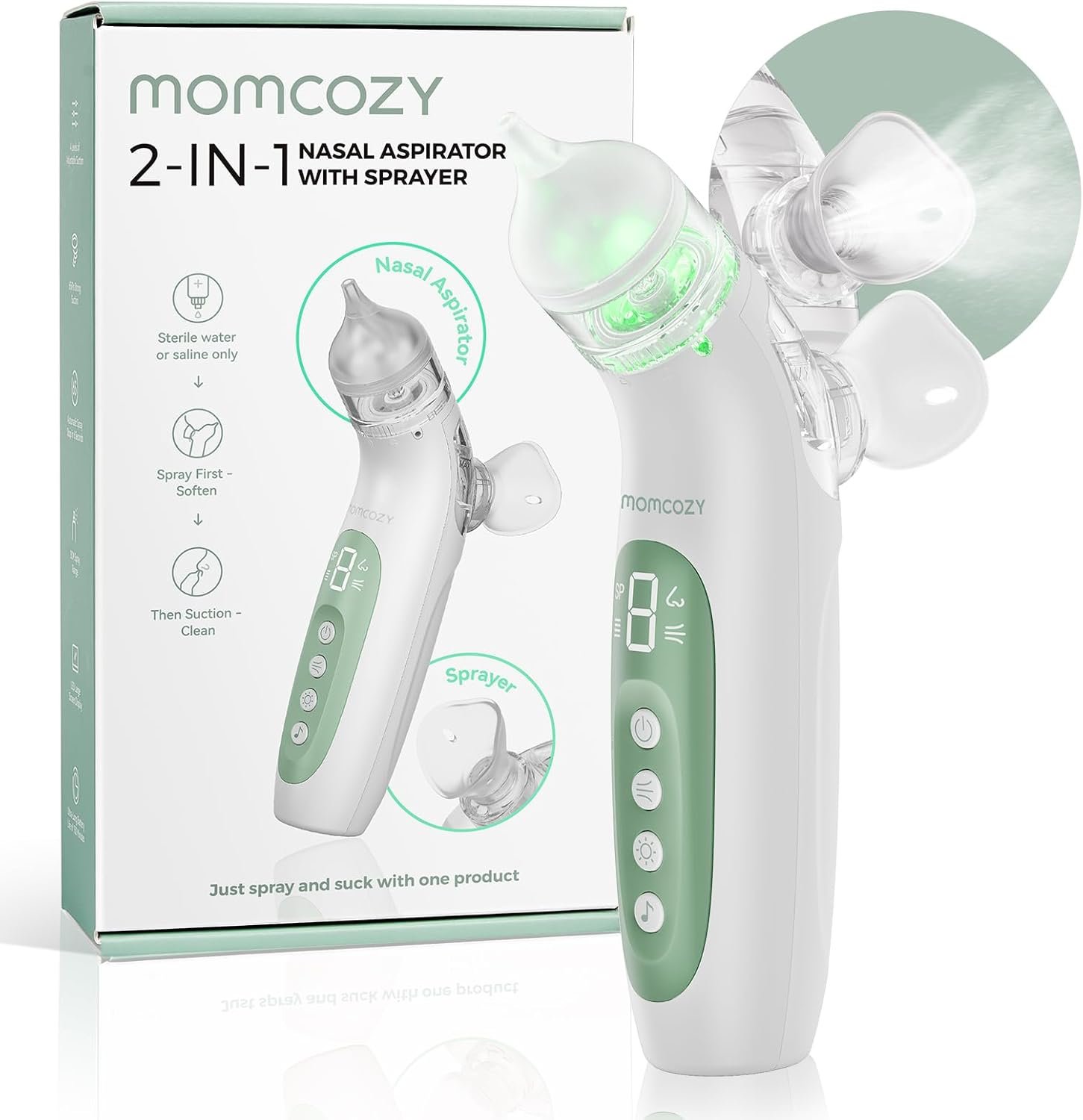 Momcozy BreezyClear™ 2-in-1 Electric Nasal Aspirator for Baby with Spray, 65kPa Hospital-Grade Suction, 4 Levels, Low-Noise Nose Sucker for Baby with Light & Music, Baby Shower & Registry Gifts