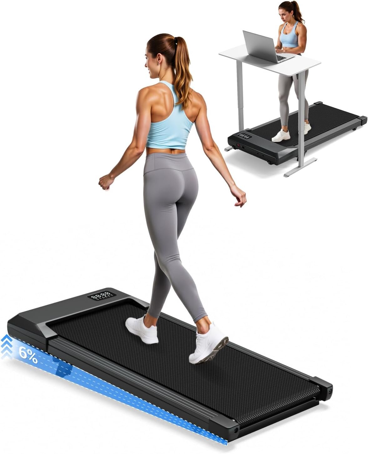 Superun Walking Pad with 6% Incline, Under Desk Treadmill for Home Office, 3 in 1 Portable Walking pad Treadmill with Remote Control, 2.5HP Quiet Mini Treadmills, 300 lbs Capacity