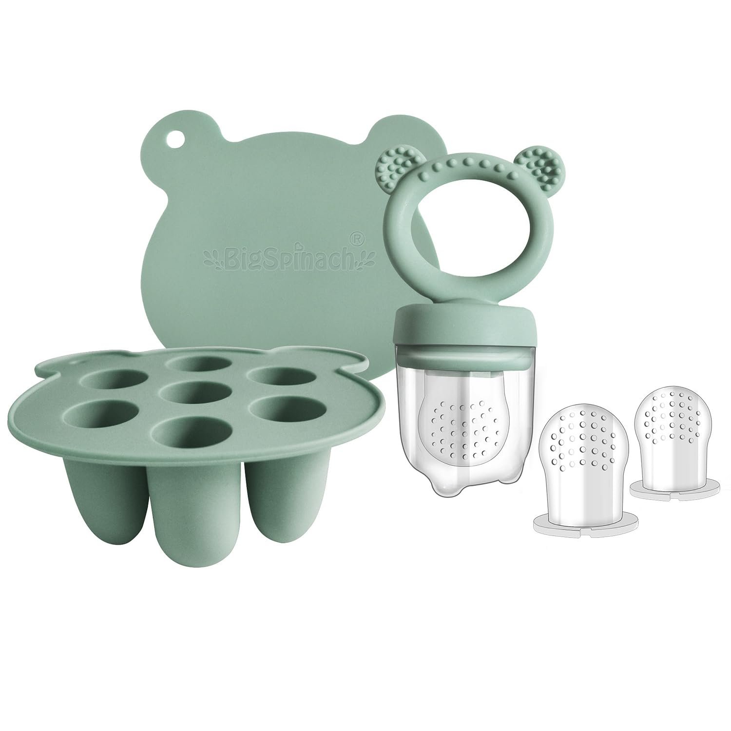 BigSpinach Silicone Baby Food Freezer Tray with Teething Popsicle Molds – Baby Fruit Feeder and Breastmilk Teether Combo