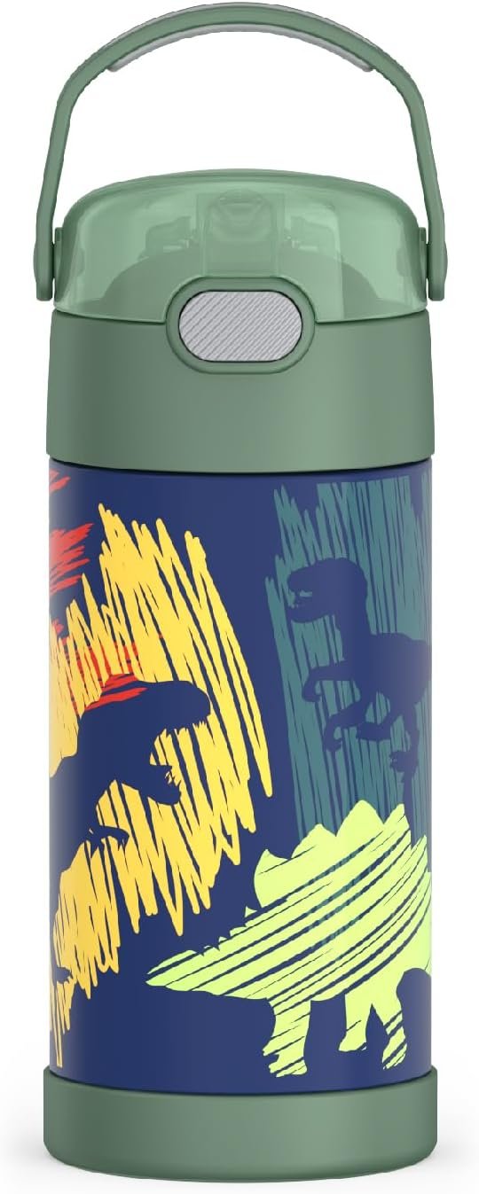 THERMOS FUNTAINER Water Bottle with Straw – 12 Ounce – Kids Stainless Steel Vacuum Insulated Water Bottle with Lid, Dinosaurs
