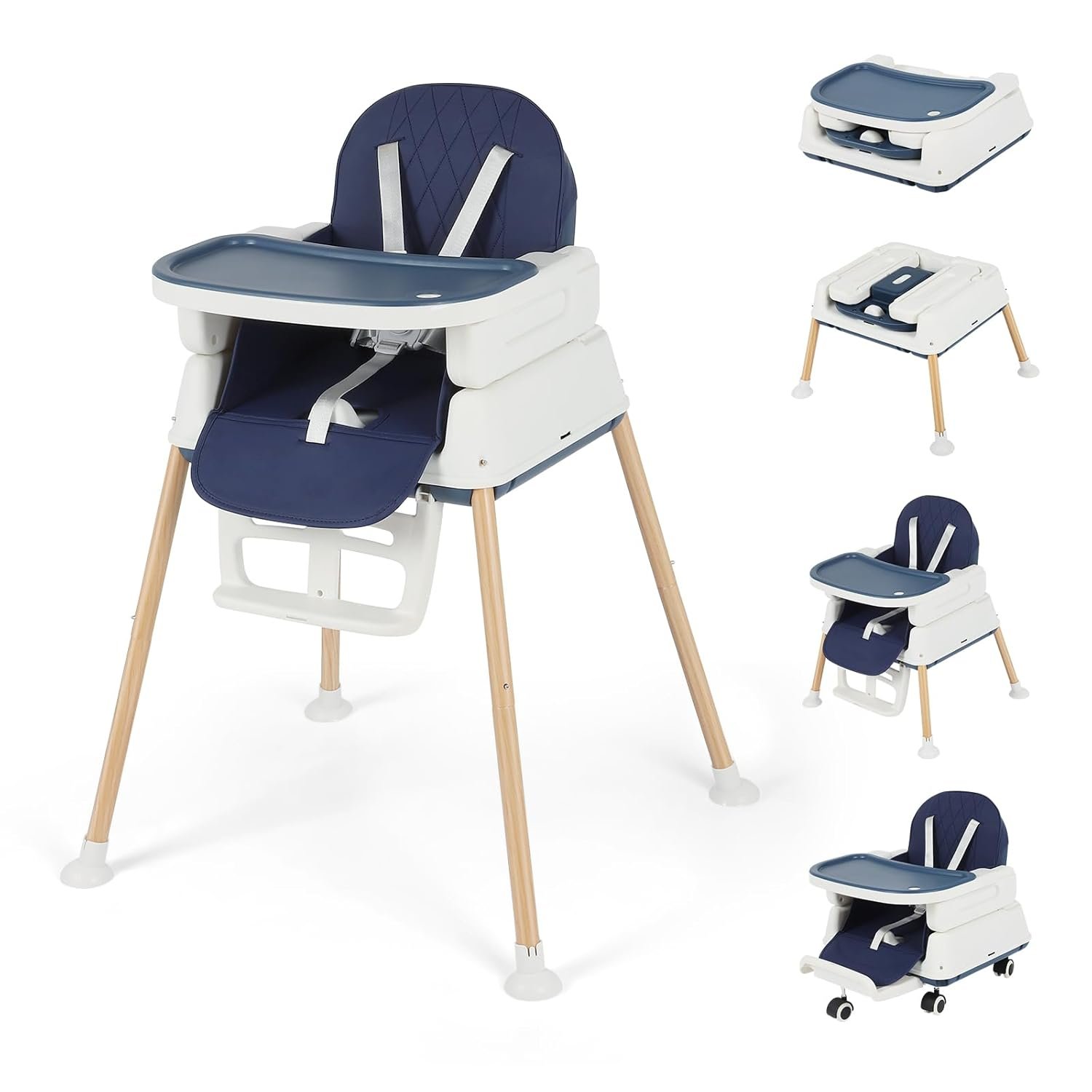 5-in-1 Baby High Chair, Convertible Booster & Play Chair, Portable Foldable Lightweight, Easy to Clean with Tray, for Babies Toddlers 6-36 Months, Blue