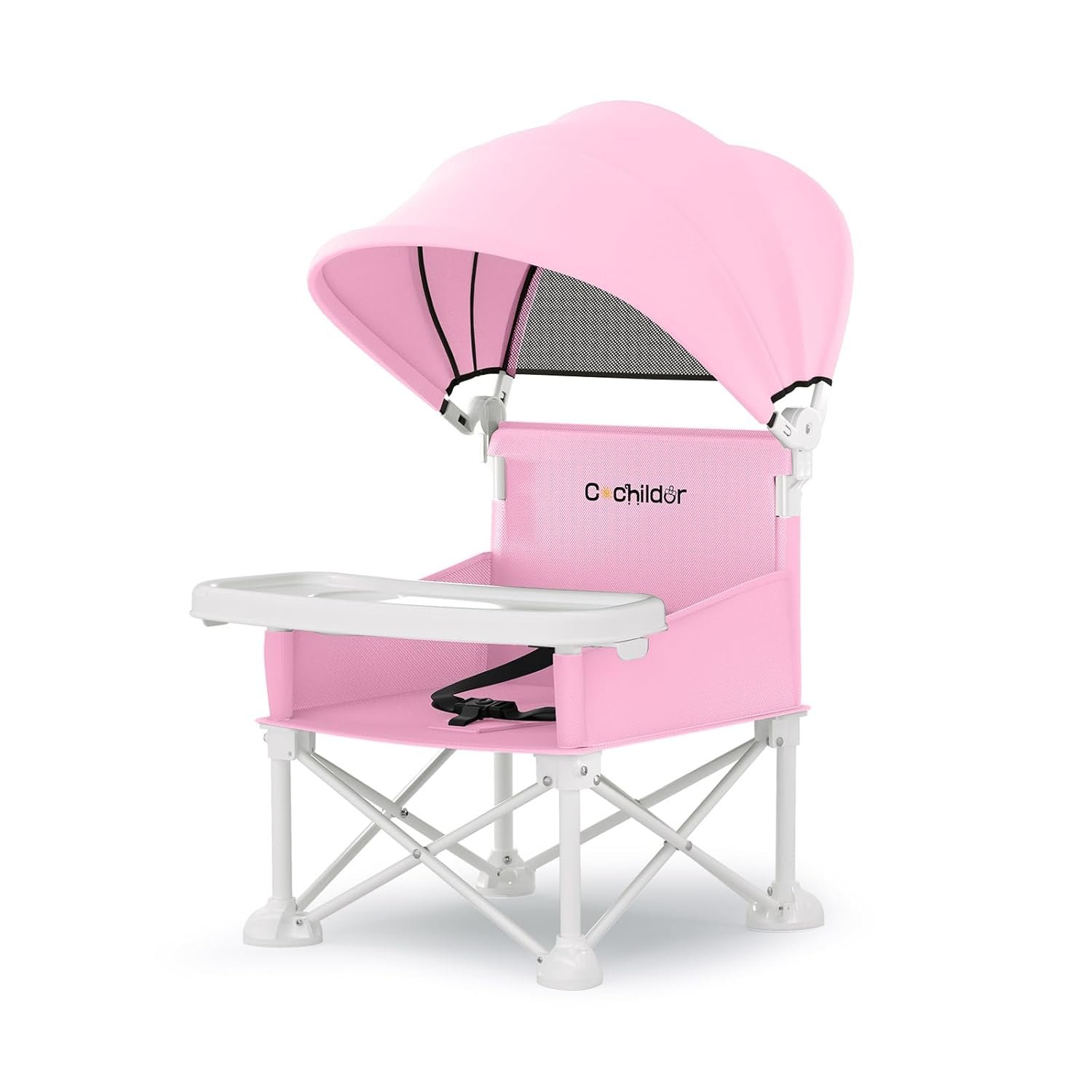 Cochildor 4-in-1 Portable Baby Chair, Foldable Toddler Booster Seat with Removable Tray, Canopy & Safety Harness, Pink