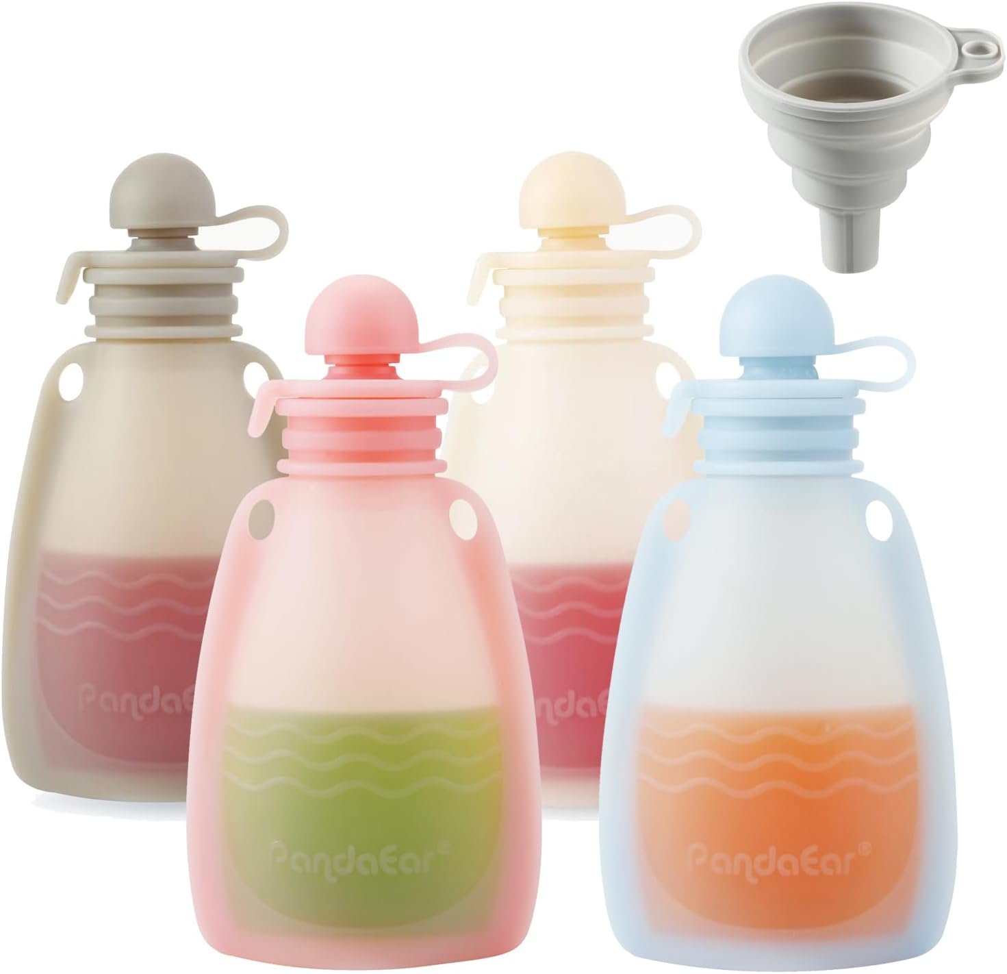 PandaEar Reusable Silicone Baby Food Pouches, 4 Pack Squeeze Pouches for Toddler Kids, BPA-Free Silicone Refillable Baby Food Storage, 5 oz